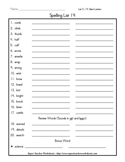 List C-14 - List 14: Word List (Printable PDF Worksheet)