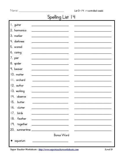 List D-14 - List 14: Word List (Printable PDF Worksheet)