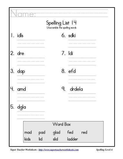 List A-14 - List 14: Word Scramble (Printable PDF Worksheet)
