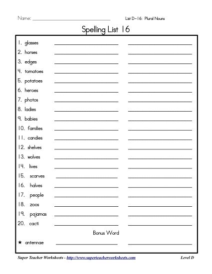 List D-16 - List 16: Word List (Printable PDF Worksheet)