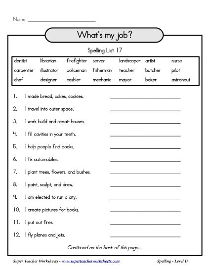 List D-17 - List 17: What's my job? (Printable PDF Worksheet)