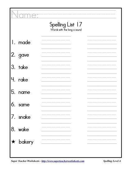 List A-17 - List 17: Word List (Printable PDF Worksheet)