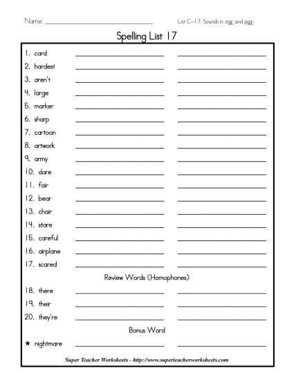 List C-17 - List 17: Word List (Printable PDF Worksheet)