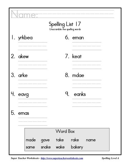 List A-17 - List 17: Word Scramble (Printable PDF Worksheet)