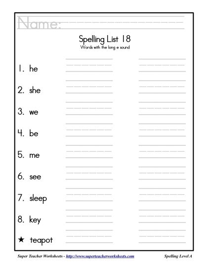 List A-18 - List 18: Word List (Printable PDF Worksheet)