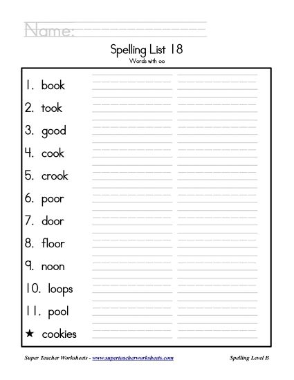 List B-18 - List 18: Word List (Printable PDF Worksheet)