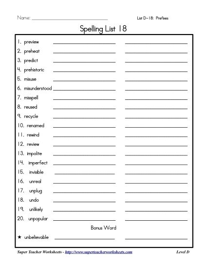 List D-18 - List 18: Word List (Printable PDF Worksheet)