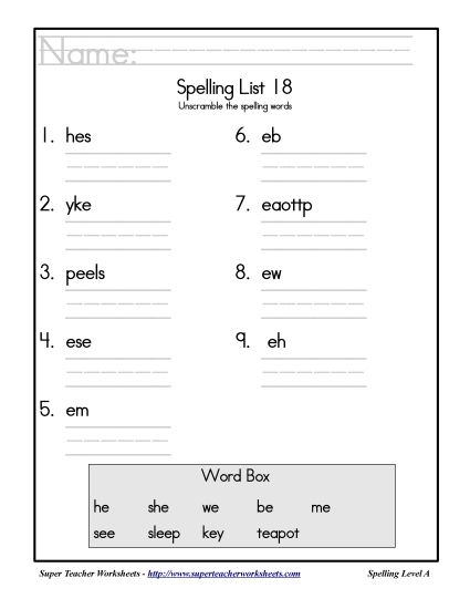 List A-18 - List 18: Word Scramble (Printable PDF Worksheet)