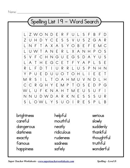 List D-19 - List 19: Word Find (Printable PDF Worksheet)