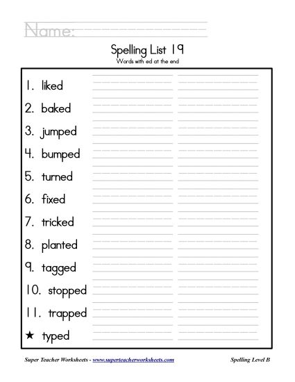 List B-19 - List 19: Word List (Printable PDF Worksheet)
