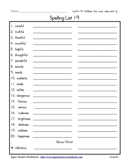 List D-19 - List 19: Word List (Printable PDF Worksheet)