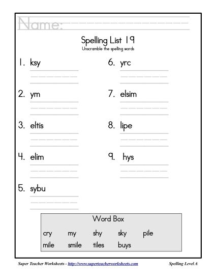 List A-19 - List 19: Word Scramble (Printable PDF Worksheet)
