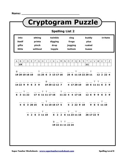 List D-2 - List 2: Cryptogram Puzzle (Printable PDF Worksheet)