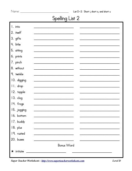 List D-2 - List 2: Word List (Printable PDF Worksheet)