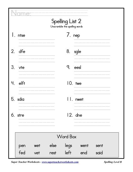 List B-2 - List 2: Word Scramble (Printable PDF Worksheet)