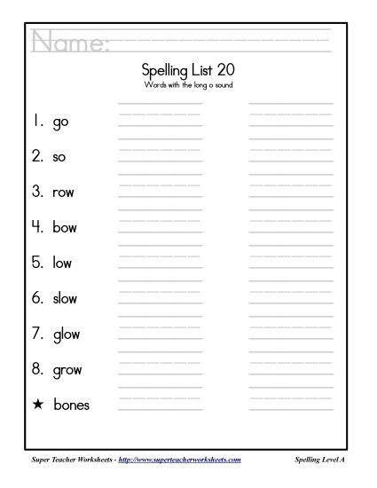 List A-20 - List 20: Word List (Printable PDF Worksheet)