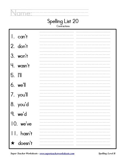 List B-20 - List 20: Word List (Printable PDF Worksheet)