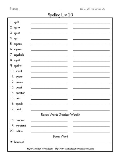 List C-20 - List 20: Word List (Printable PDF Worksheet)