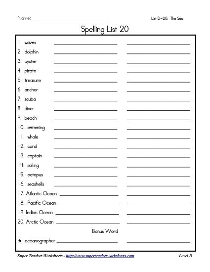 List D-20 - List 20: Word List (Printable PDF Worksheet)