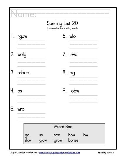 List A-20 - List 20: Word Scramble (Printable PDF Worksheet)