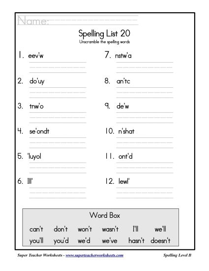 List B-20 - List 20: Word Scramble (Printable PDF Worksheet)