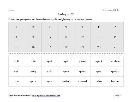 List C-20 - List 20:&nbsp; ABC Order (Printable PDF Worksheet)