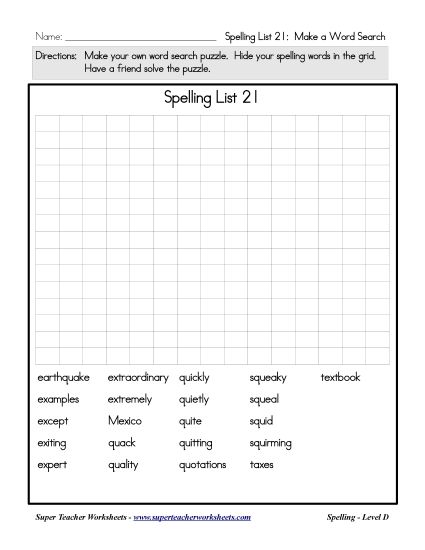 List D-21 - List 21: Make a Word Search (Printable PDF Worksheet)