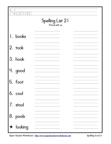 List A-21 - List 21: Word List (Printable PDF Worksheet)