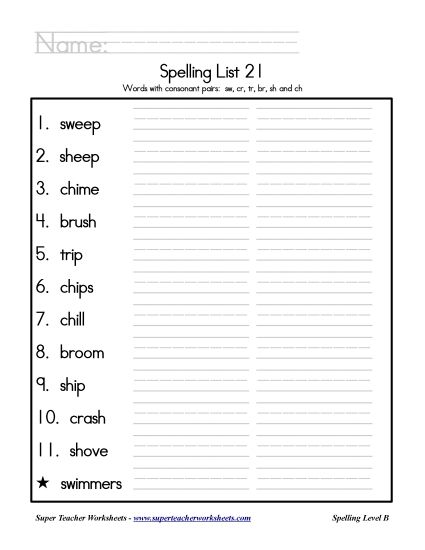 List B-21 - List 21: Word List (Printable PDF Worksheet)