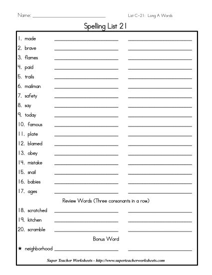 List C-21 - List 21: Word List (Printable PDF Worksheet)