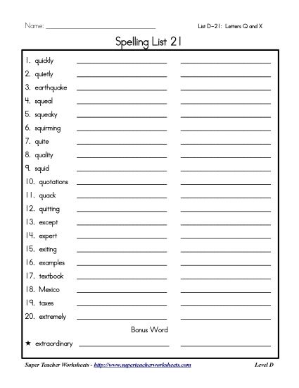 List D-21 - List 21: Word List (Printable PDF Worksheet)