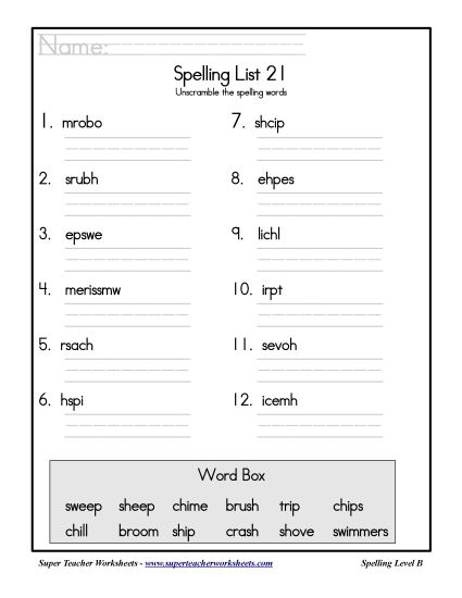 List B-21 - List 21: Word Scramble (Printable PDF Worksheet)