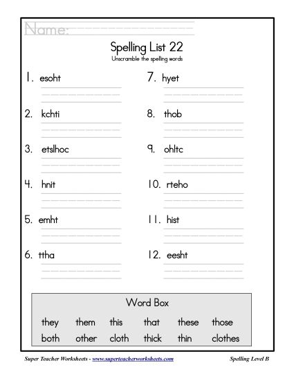 List B-22 - List 22: Word Scramble (Printable PDF Worksheet)