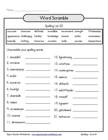 List D-22 - List 22: Word Scramble (Printable PDF Worksheet)