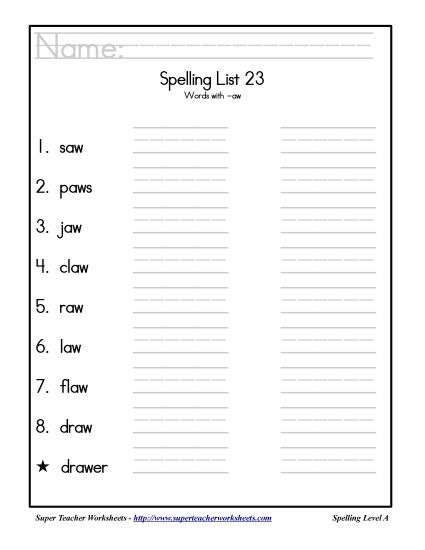 List A-23 - List 23: Word List (Printable PDF Worksheet)