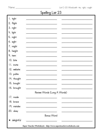 List C-23 - List 23: Word List (Printable PDF Worksheet)