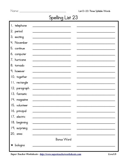 List D-23 - List 23: Word List (Printable PDF Worksheet)