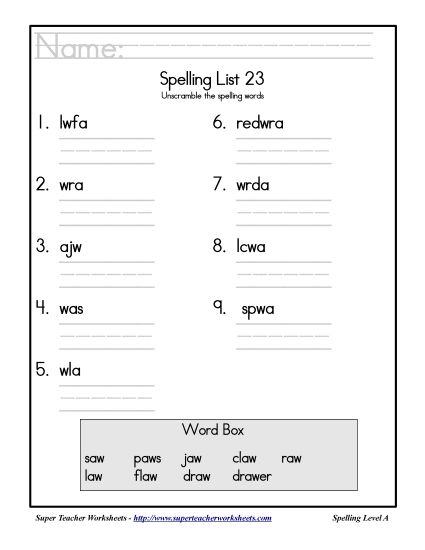 List A-23 - List 23: Word Scramble (Printable PDF Worksheet)