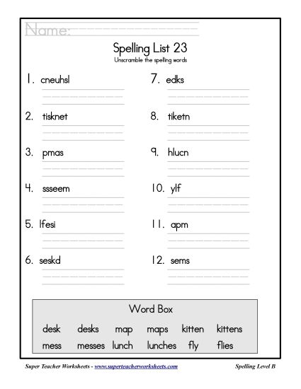 List B-23 - List 23: Word Scramble (Printable PDF Worksheet)