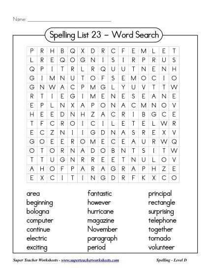 List D-23 - List 23: Word Search (Printable PDF Worksheet)
