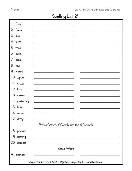 List C-24 - List 24: Word List (Printable PDF Worksheet)