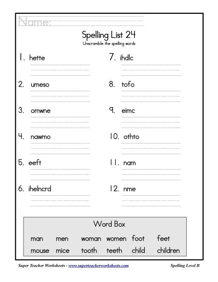 List B-24 - List 24: Word Scramble (Printable PDF Worksheet)