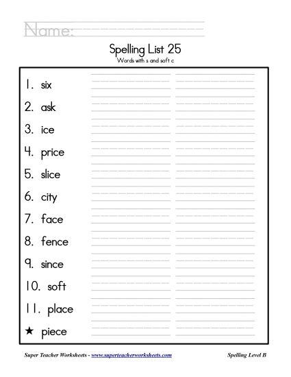 List B-25 - List 25: Word List (Printable PDF Worksheet)