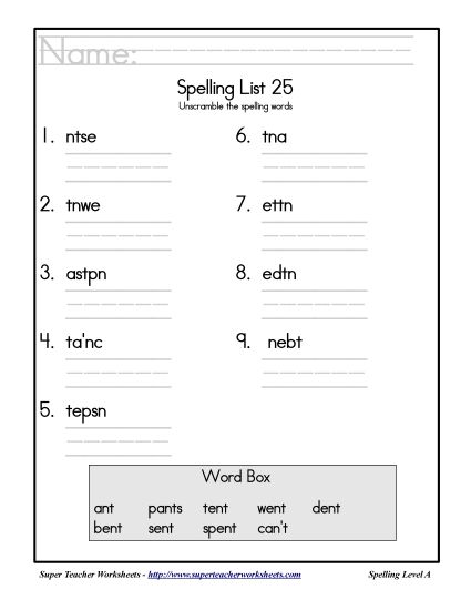 List A-25 - List 25: Word Scramble (Printable PDF Worksheet)