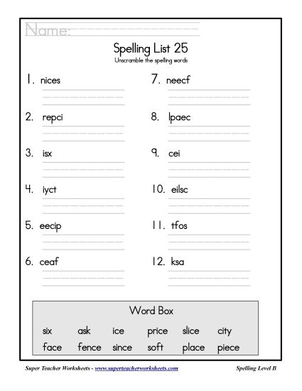 List B-25 - List 25: Word Scramble (Printable PDF Worksheet)