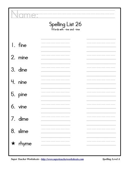List A-26 - List 26: Word List (Printable PDF Worksheet)