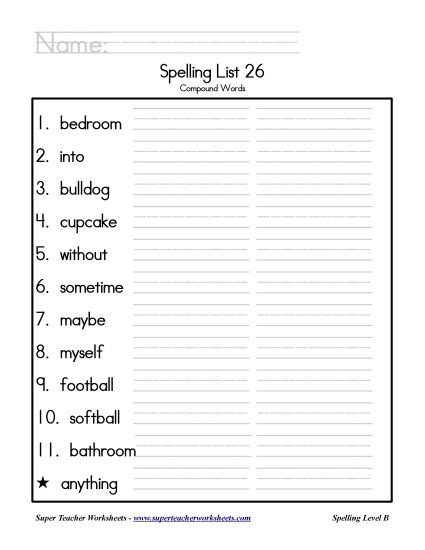 List B-26 - List 26: Word List (Printable PDF Worksheet)