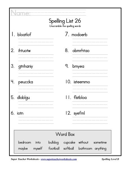 List B-26 - List 26: Word Scramble (Printable PDF Worksheet)