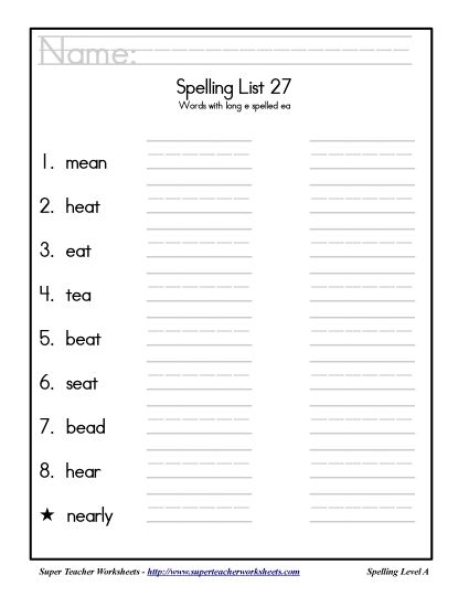 List A-27 - List 27: Word List (Printable PDF Worksheet)