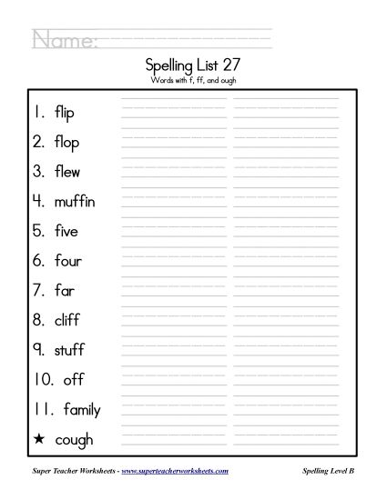 List B-27 - List 27: Word List (Printable PDF Worksheet)